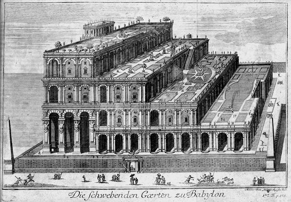 Représentation des Jardins suspendus de Babylone par Athanasius Kircher (impression de 1726), avec des formes architecturales baroques de son temps.
